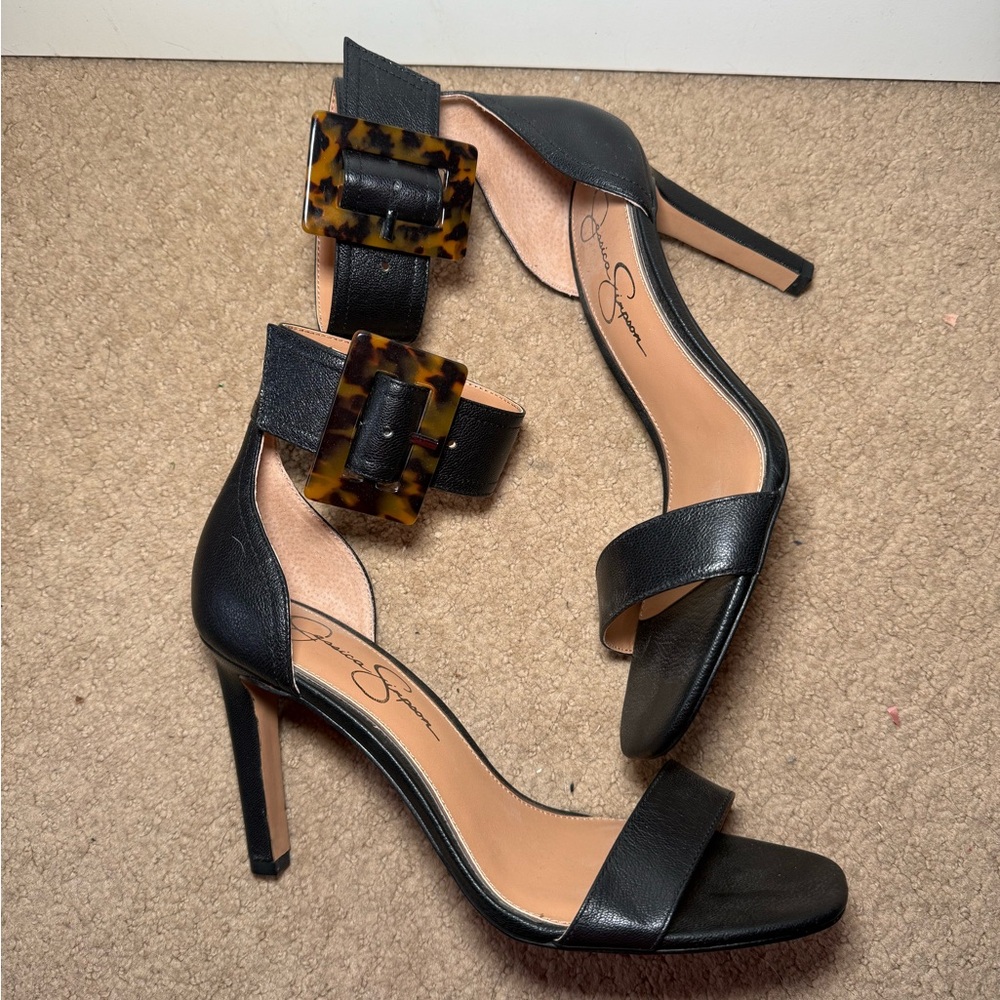 Jessica Simpson Black Heeled Sandals with Tortoise Buckle